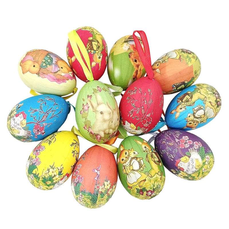 Gardeningwill 12pcs Vintage Style Paper Mache Foam Egg Hanging Ornaments Easter Decoration - Image 1